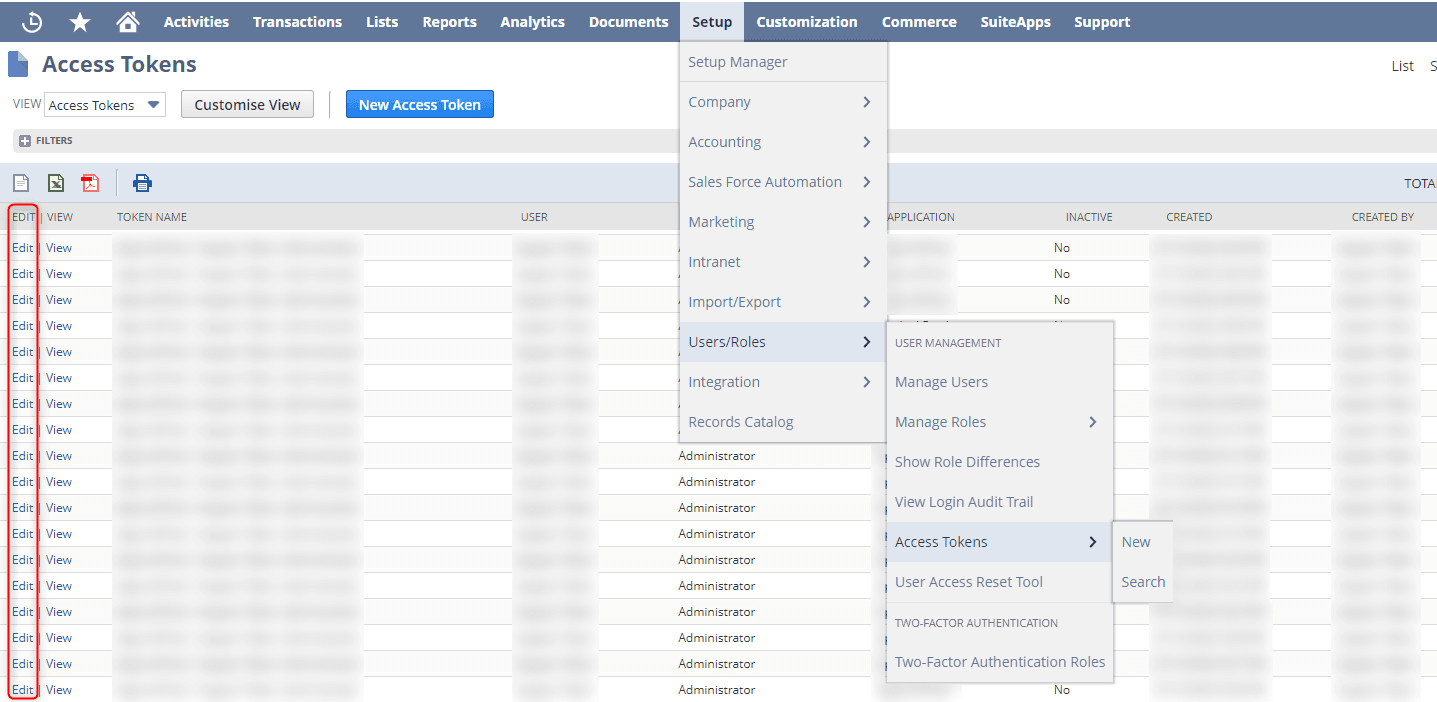 NetSuite Access Tokens page showing where to revoke old tokens