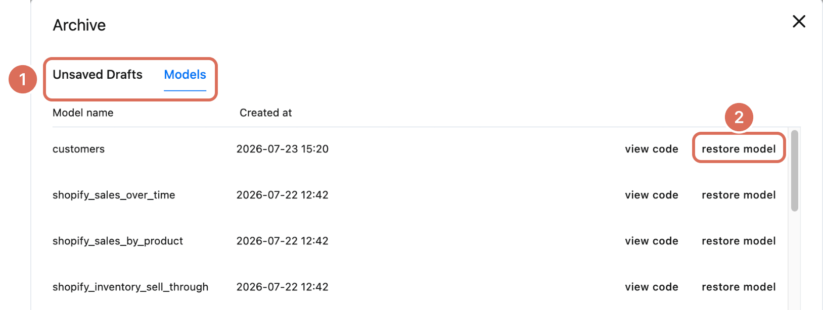 Archive window with the Unsaved Drafts and Models tabs (1) and the restore model action (2)