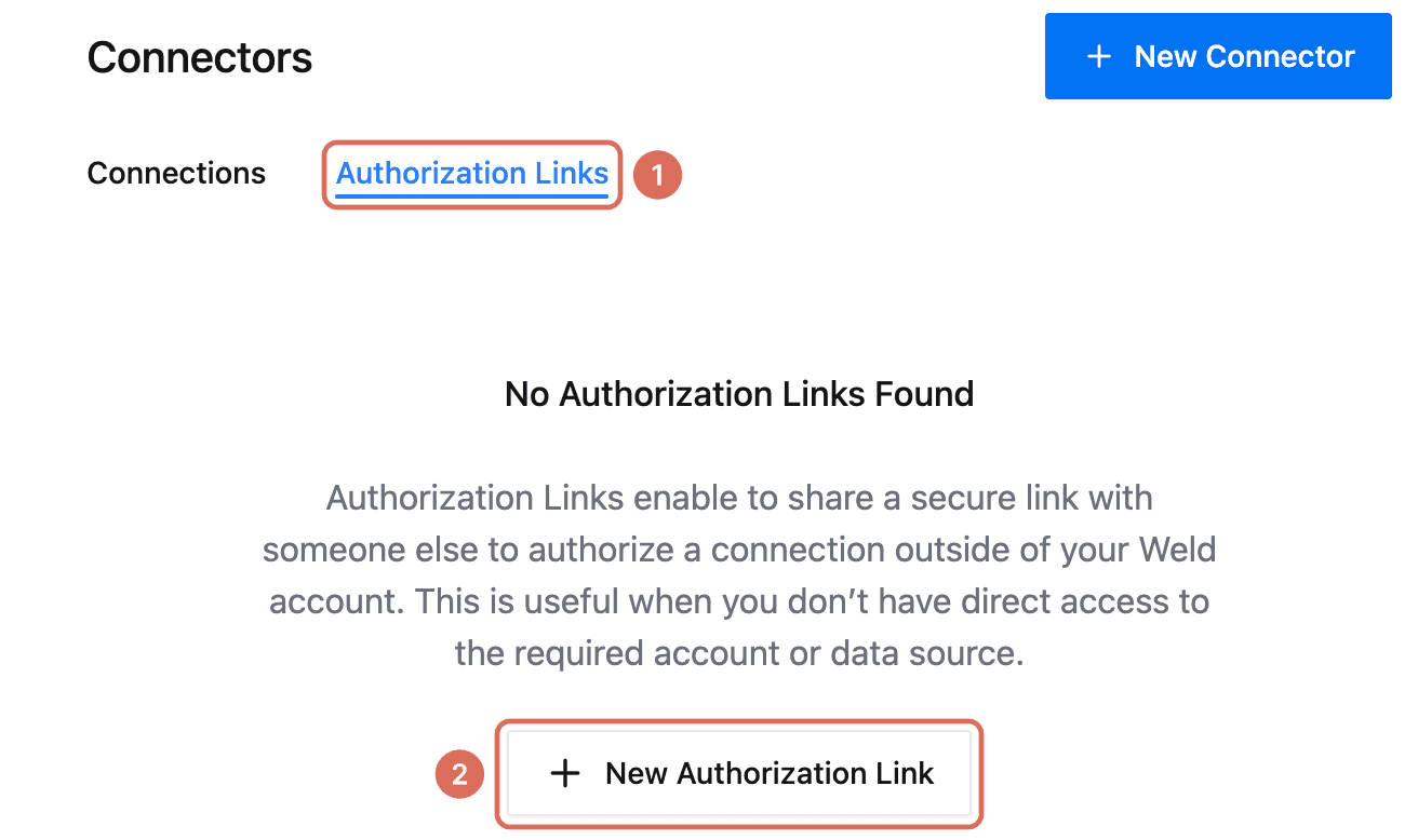 Connectors settings with the Authorization Links tab (1) and the New Authorization Link button (2)