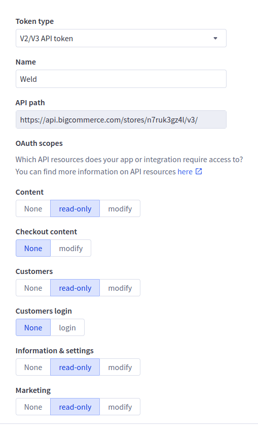 BigCommerce token configuration