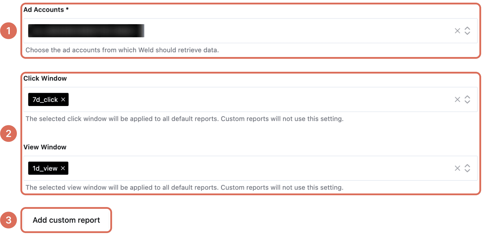 Facebook Ads Connection Settings with Ad Accounts (1), Click Window and View Window (2) and Add custom report (3)