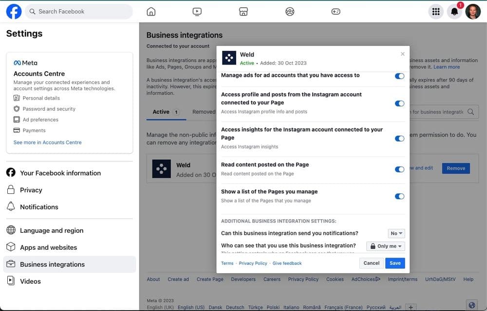 Facebook Ads Permission Page