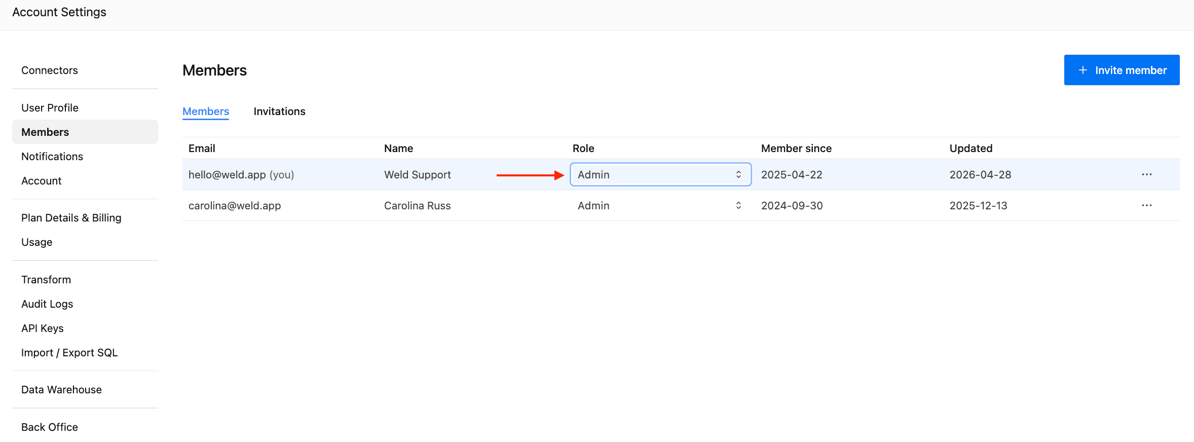 Members page showing the Role column with a dropdown selector for each user