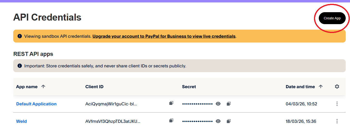 PayPal developer - Create App