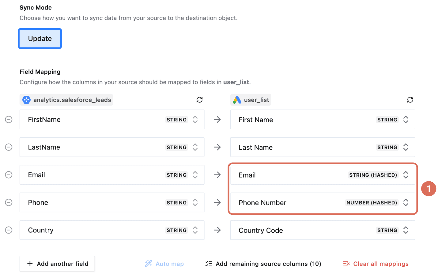 Field mapping from a model to a Google Ads user list, with Email and Phone Number marked as hashed (1)