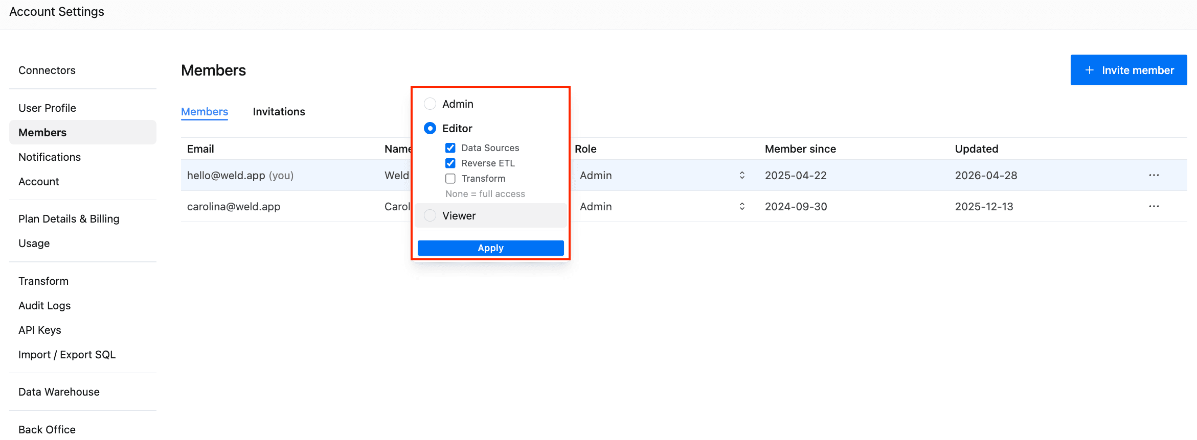 Role selector showing Admin, Editor with scoped permissions (Data Sources, Reverse ETL, Transform), and Viewer options