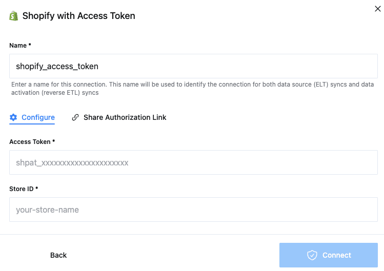 Enter access token and store ID to connect