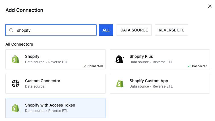 Select Shopify with Access Token from the connector list