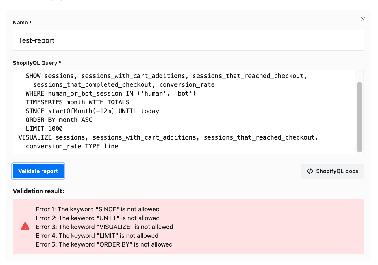 Validation errors when using unsupported keywords like SINCE, UNTIL, VISUALIZE, LIMIT, and ORDER BY