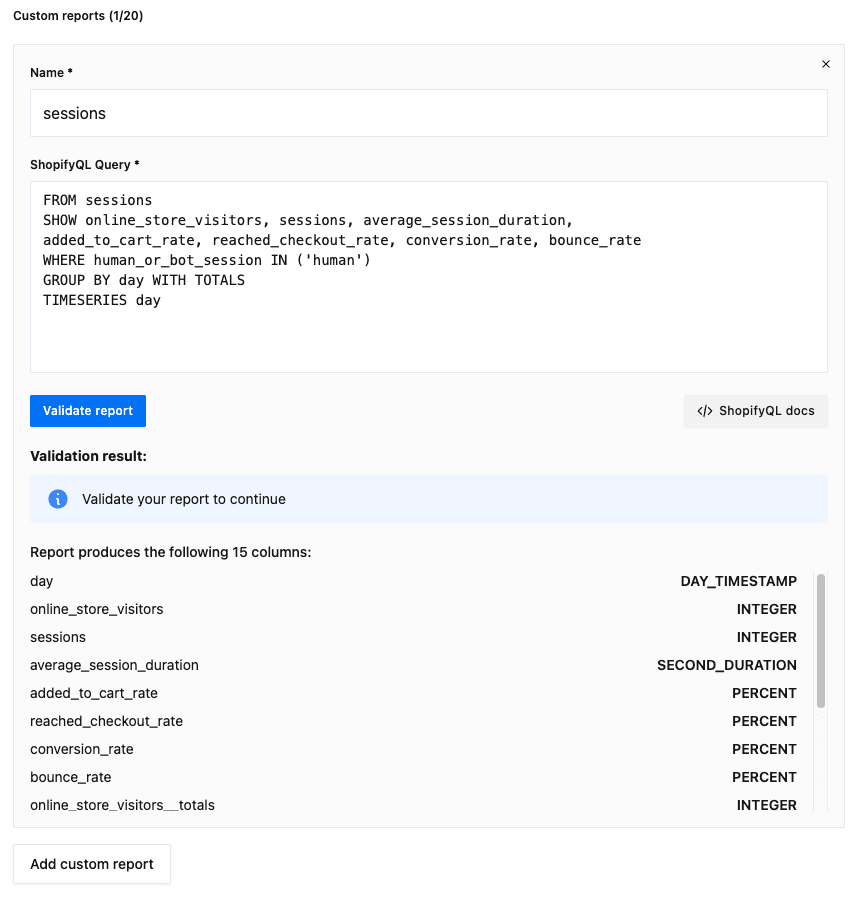 ShopifyQL query editor with validation results showing columns and types