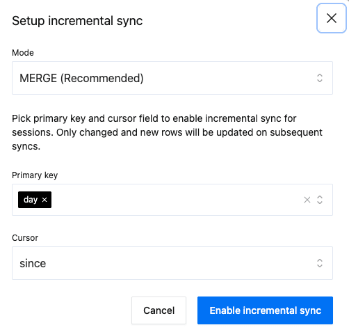 Incremental sync configuration with primary key and cursor