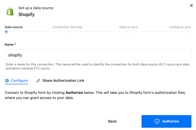 Name the connection and authorize with Shopify