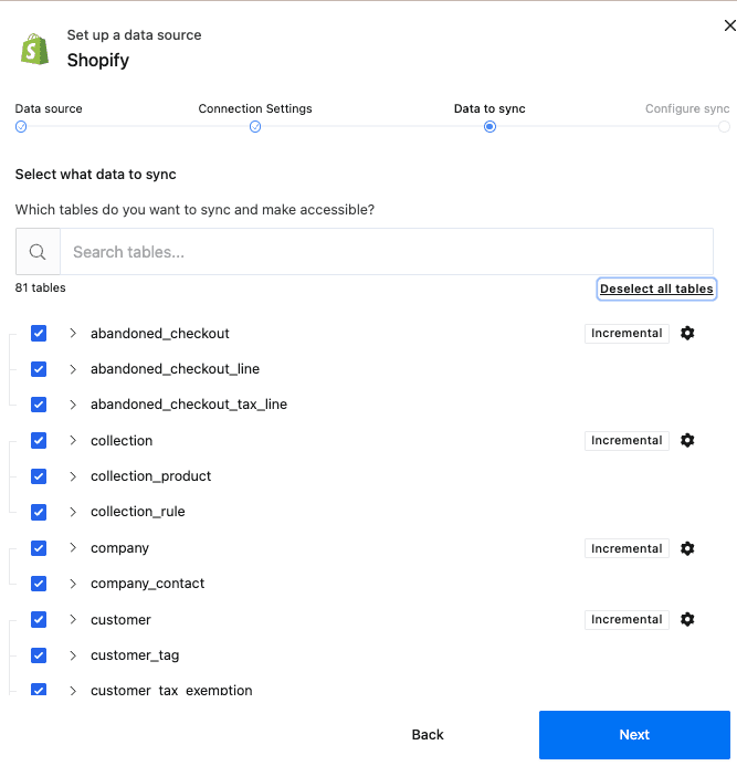 Select Shopify tables to sync