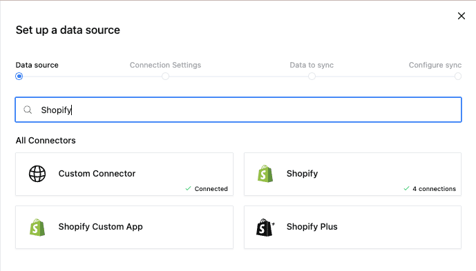Search for Shopify in the data source setup
