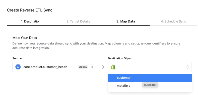 Select destination object (customer or metafield)