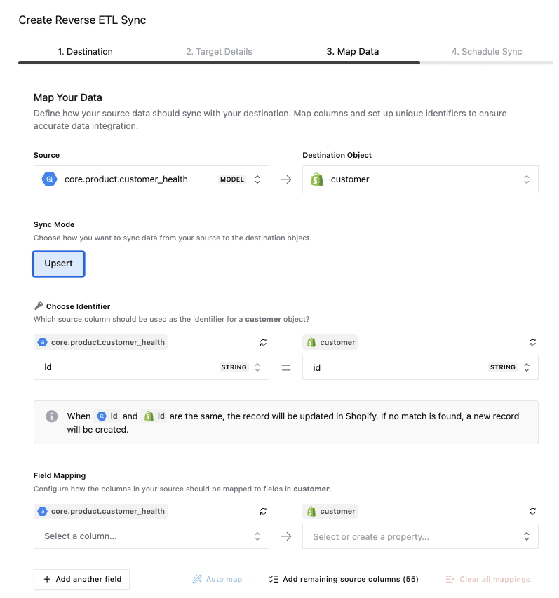 Configure sync mode, identifier, and field mapping