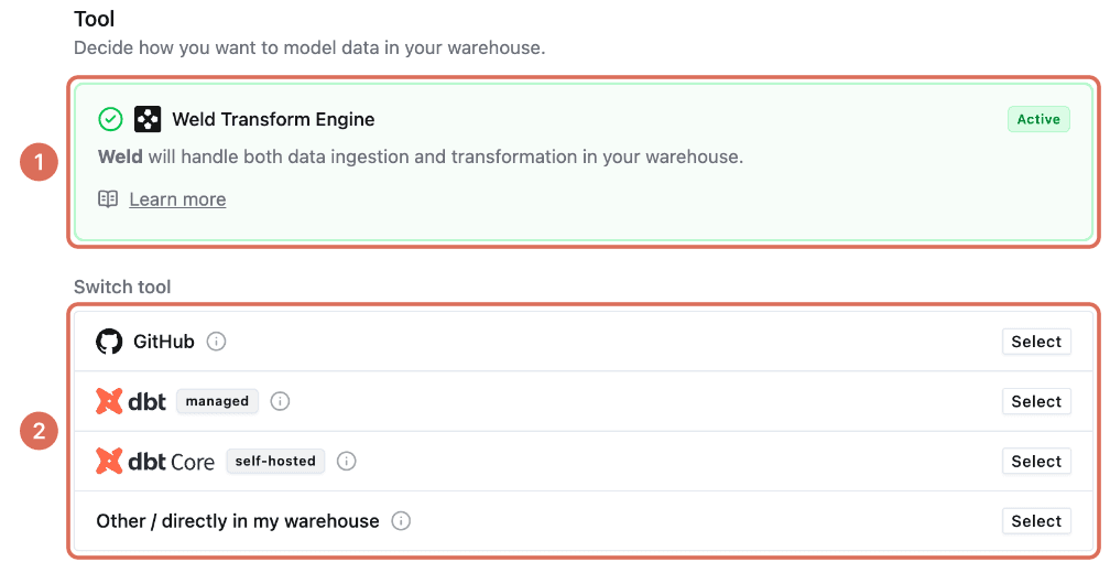 Transform settings with the active Weld Transform Engine (1) and the other tools you can switch to (2)