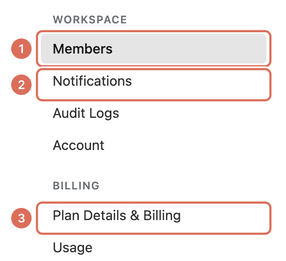 Settings menu with Members (1), Notifications (2) and Plan Details & Billing (3) highlighted