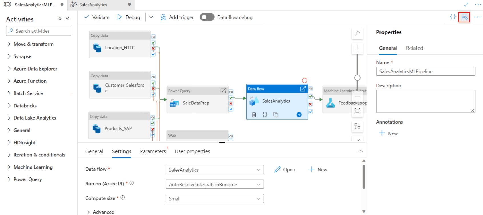 Azure Data Factory ui showing no code data transform