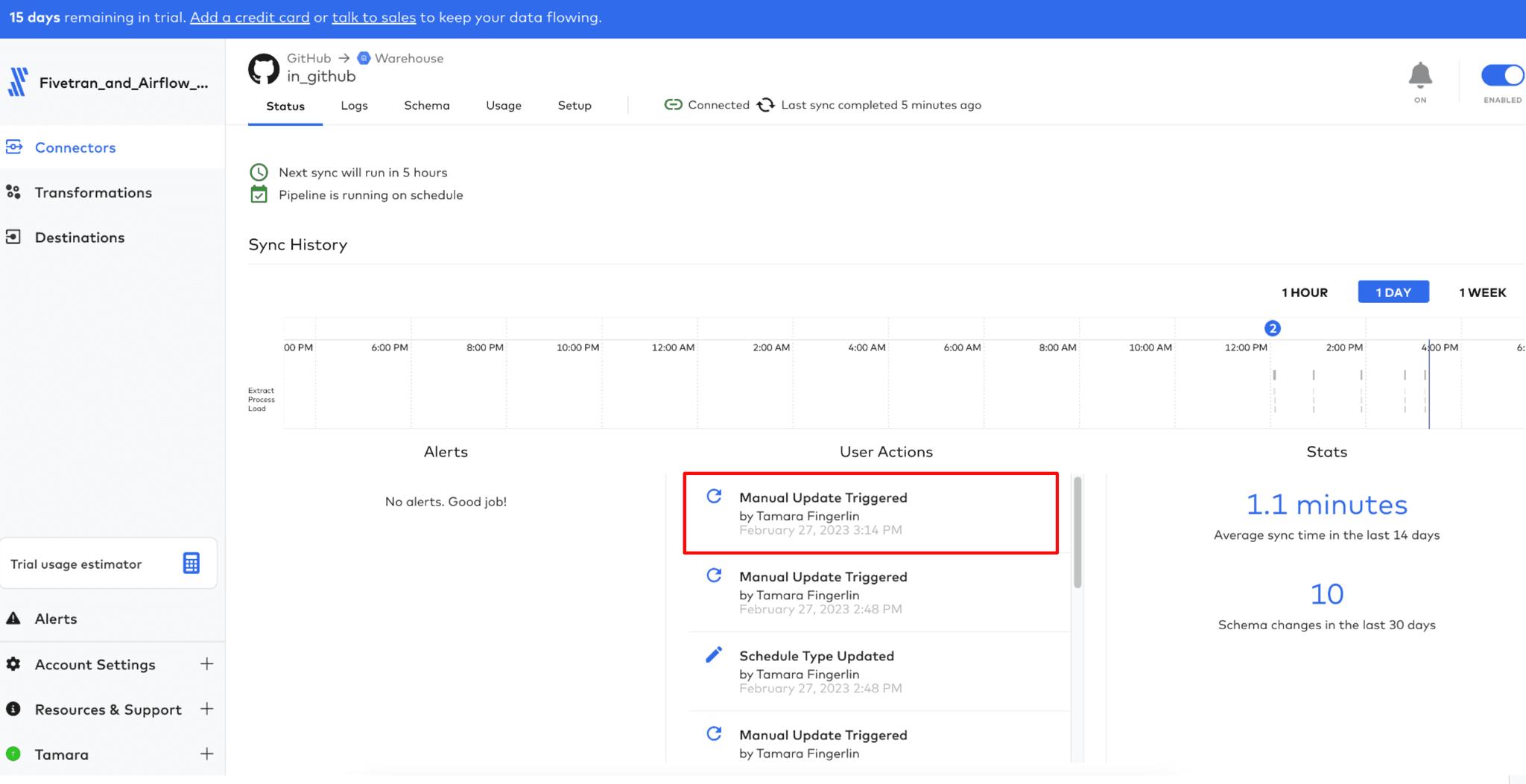 Fivetran dashboard showing connectors and sync status