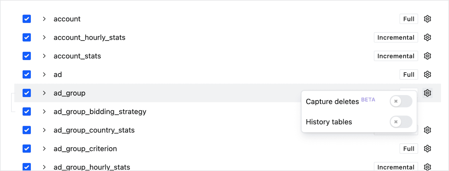 A Google Ads source's table list in Weld with the ad_group table's settings menu open, showing a Capture deletes toggle marked Beta above the History tables toggle.