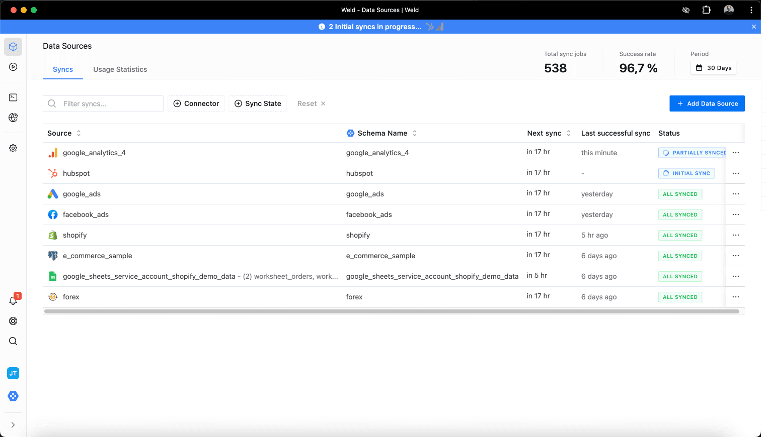 Weld data integration platform UI showing connector setup and data pipeline management