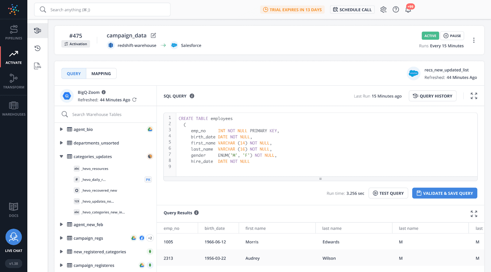 Hevo dashboard showing sql editor
