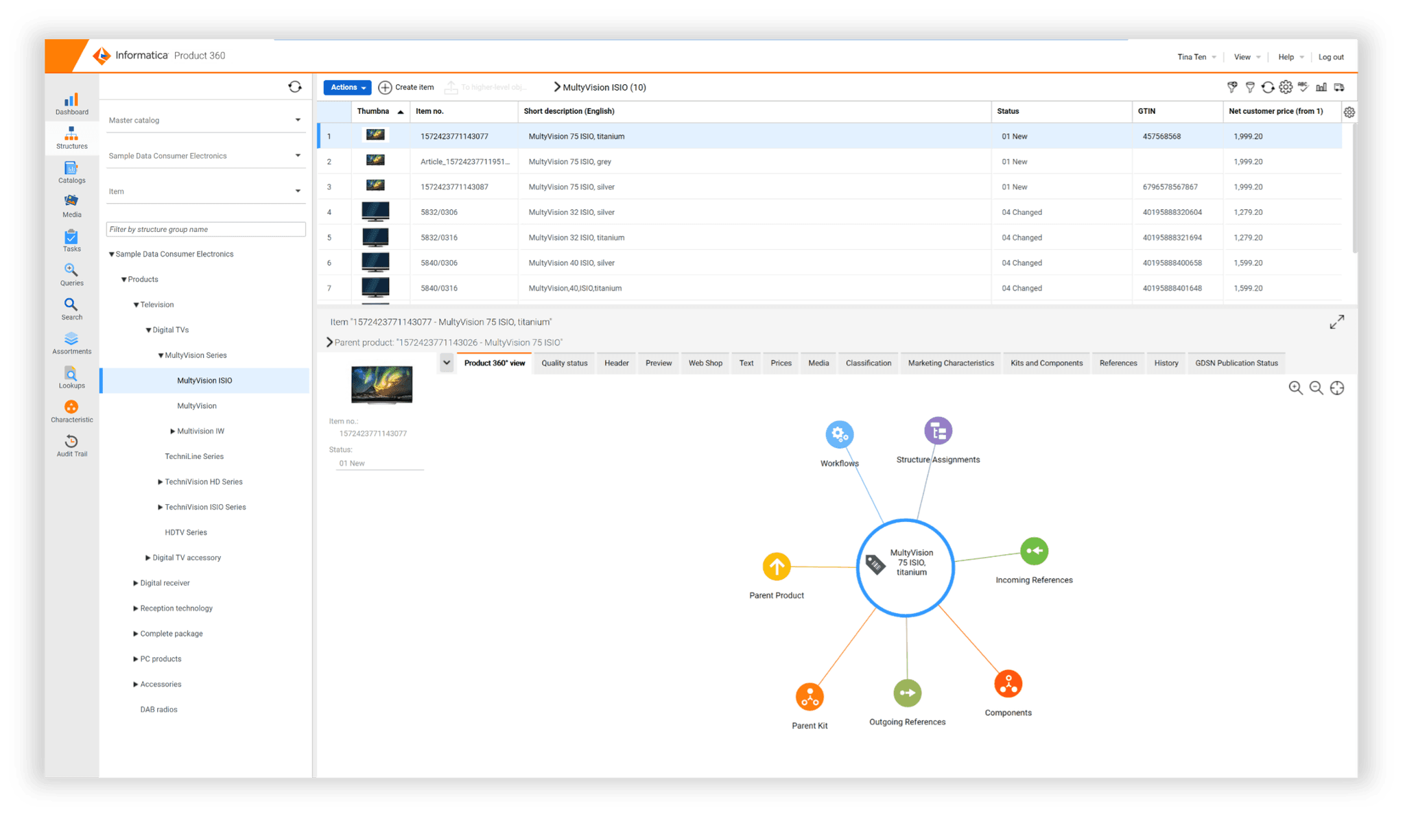 Informica ui showing product 360 overview