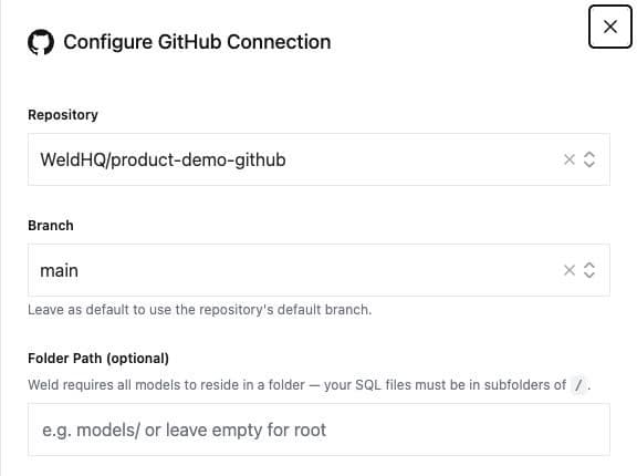 The Configure GitHub Connection dialog in Weld with fields for Repository, Branch and an optional Folder Path