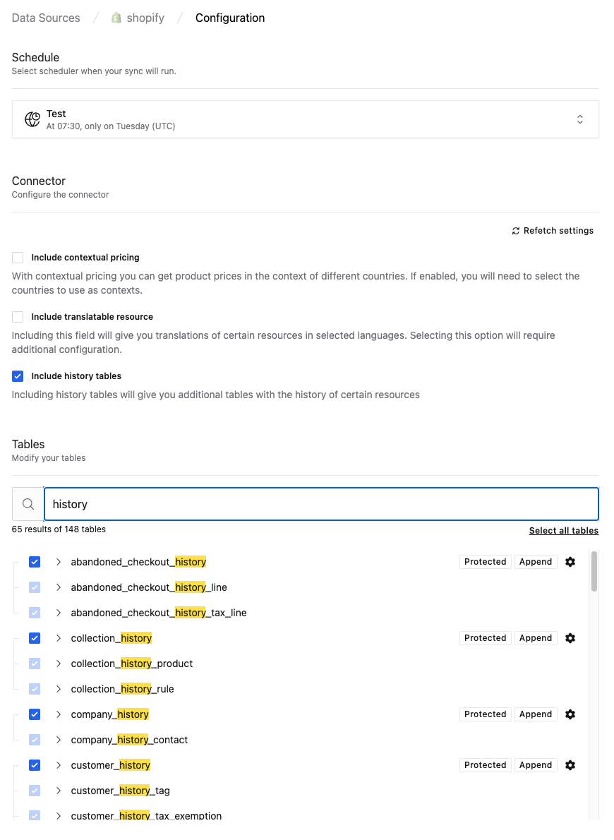 Enabling history tables in Weld - searching for history in the table selection panel and selecting append-only tables