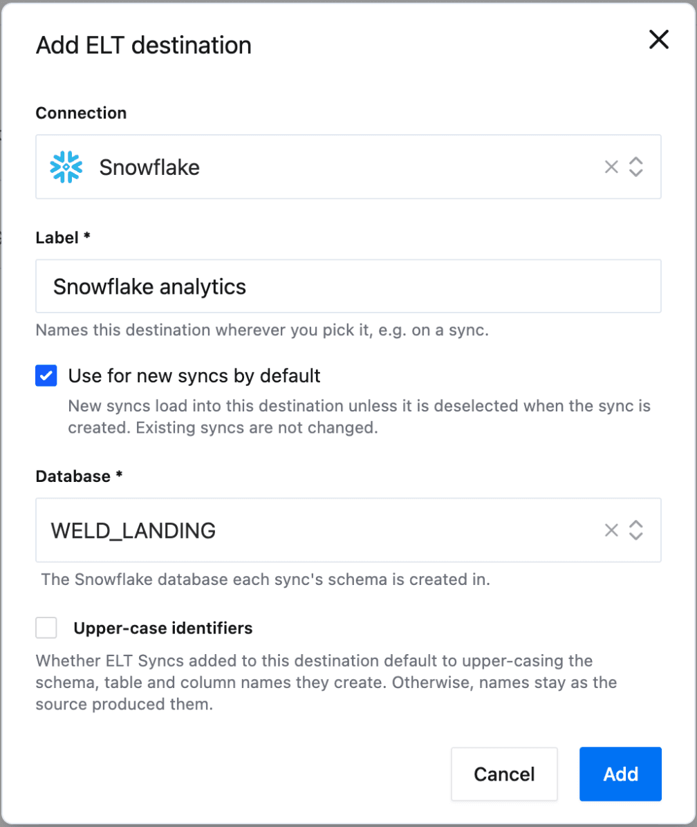 The Add ELT destination dialog with a Snowflake connection, the label Snowflake analytics, Use for new syncs by default ticked, the WELD_LANDING database and the Upper-case identifiers option
