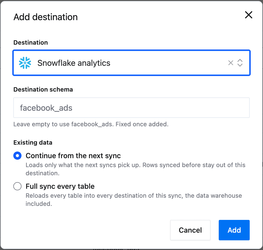 The Add destination dialog on a sync, with Snowflake analytics picked, the destination schema left as facebook_ads, and the Continue from the next sync and Full sync every table options