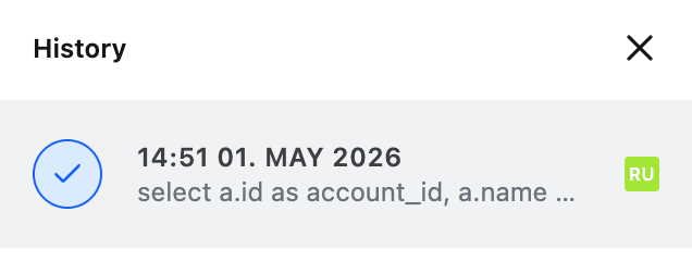 History panel with one published version from 14:51 on 1 May 2026, the start of its SQL and the publisher's initials