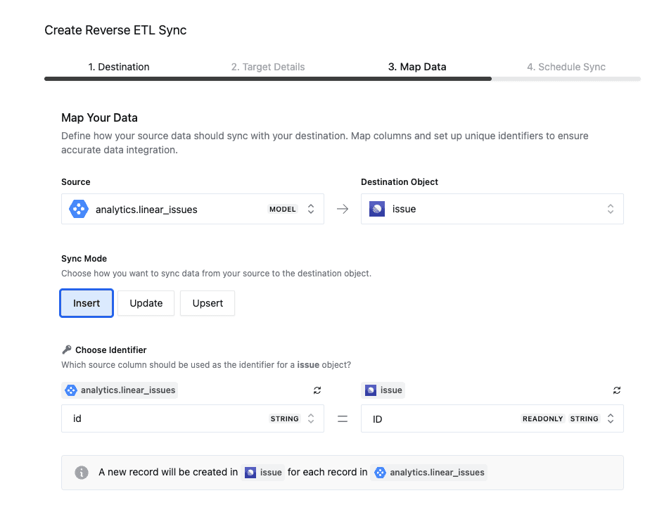 Select source, destination object, sync mode and identifier