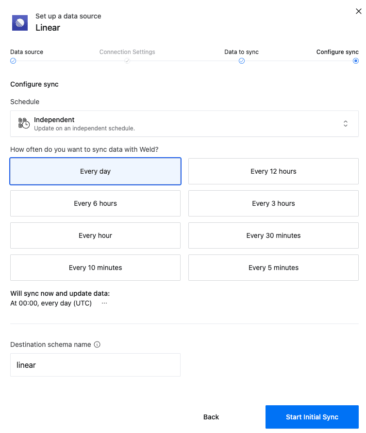 Configure sync schedule and destination schema