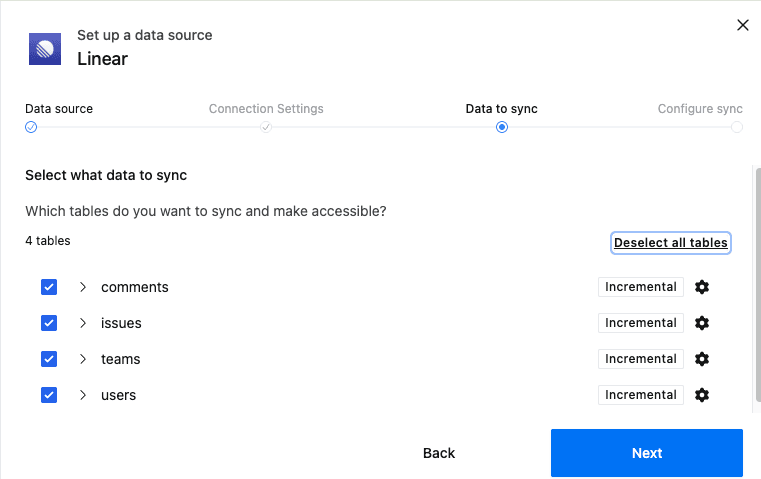 Select Linear tables to sync
