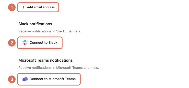 Notifications settings with Add email address (1), Connect to Slack (2) and Connect to Microsoft Teams (3)