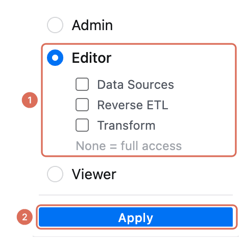 Role picker with Editor selected and its Data Sources, Reverse ETL and Transform areas (1), and the Apply button (2)