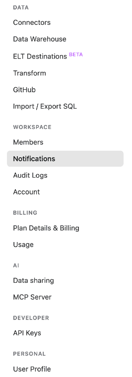 Settings menu grouped into Data, Workspace, Billing, AI, Developer and Personal