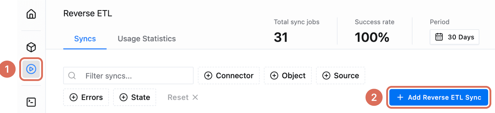 Reverse ETL page with Reverse ETL in the sidebar (1) and the Add Reverse ETL Sync button (2)
