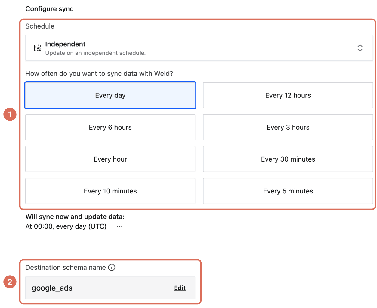 Configure sync step with the schedule and frequency options (1) and the destination schema name (2) highlighted