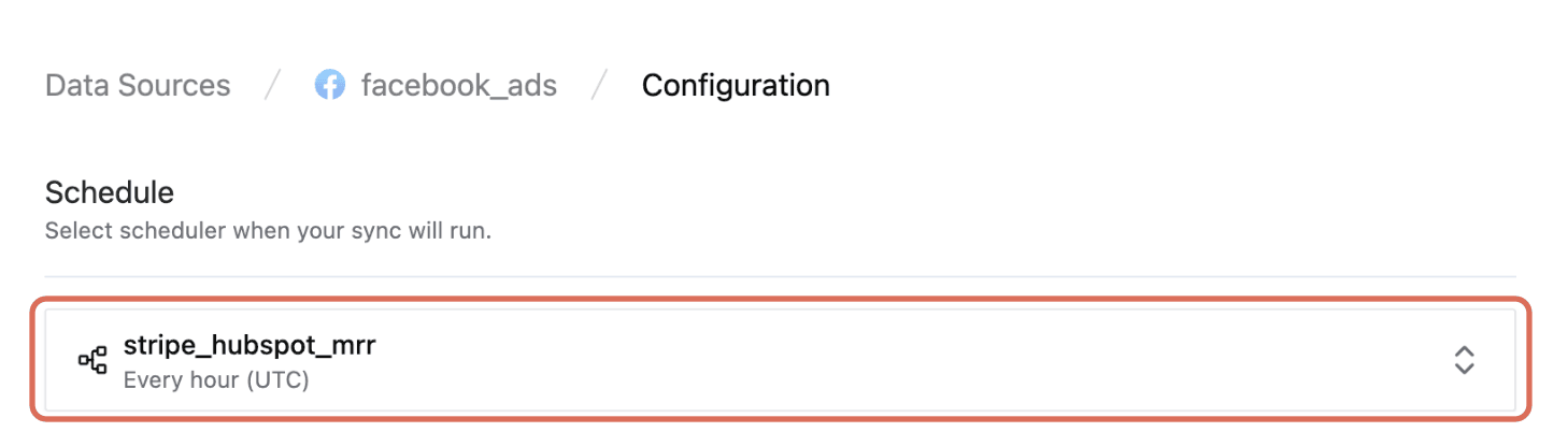 Configuration page of the facebook_ads data source with the stripe_hubspot_mrr orchestration chosen in the Schedule box