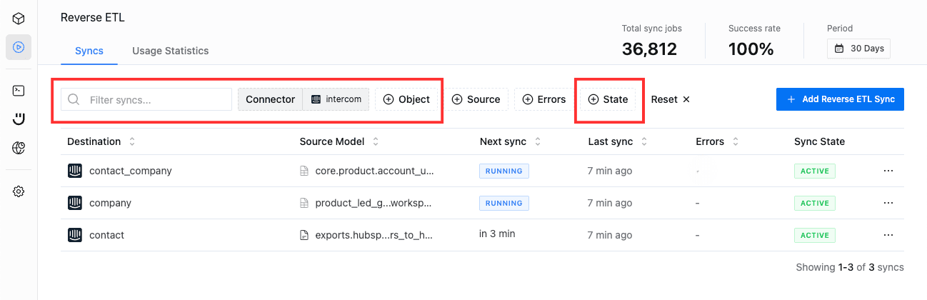 reverse etl filter by object, connector and state