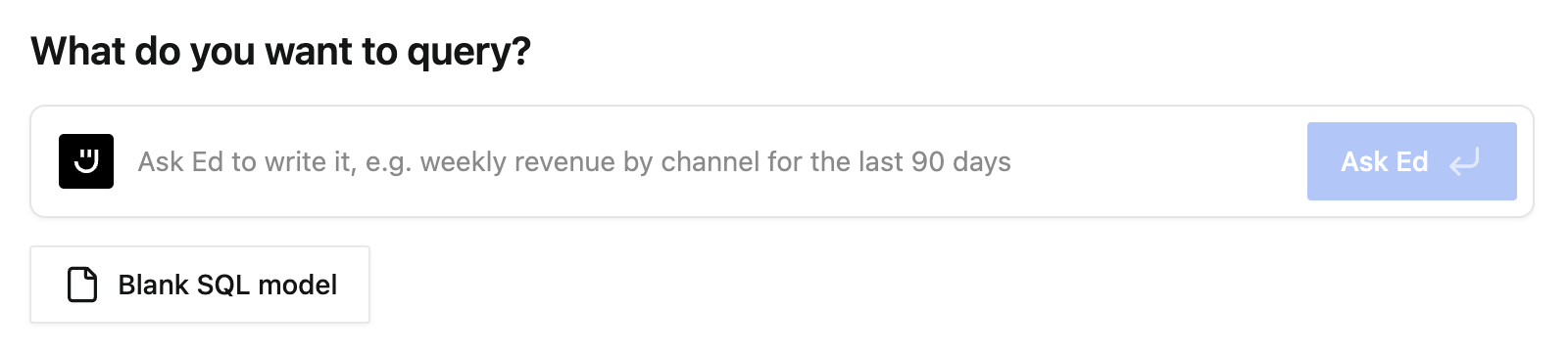 The model editor's empty state, with the heading 'What would you like to query?', a prompt box reading 'Ask Ed to write it, e.g. weekly revenue by channel for the last 90 days' with an Ask Ed button, and a Blank SQL model button below it.