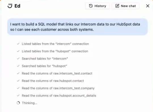 The Ed sidebar. Under the question 'I want to build a SQL model that links our Intercom data to our HubSpot data so I can see each customer across both systems', Ed shows the steps it took: listed tables from the intercom and hubspot connections, searched tables for 'intercom' and 'hubspot', and read the columns of raw.intercom_test.contact, raw.hubspot.contact, raw.intercom_test.company and raw.hubspot.account_details.
