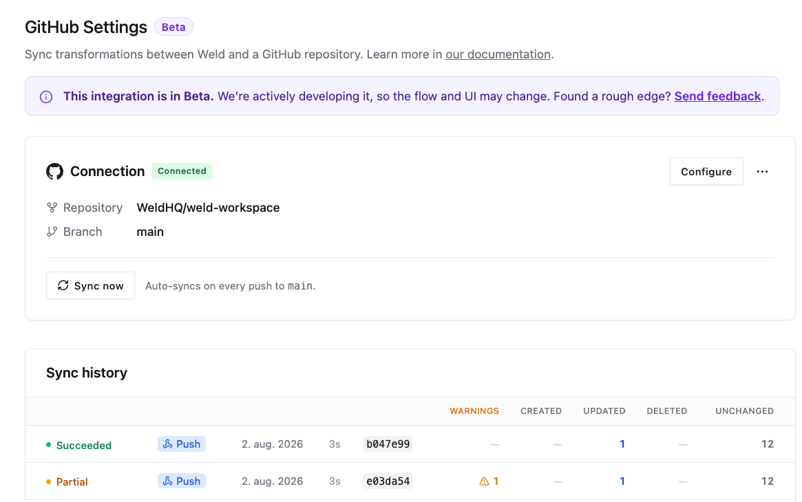 Weld's GitHub sync in the app