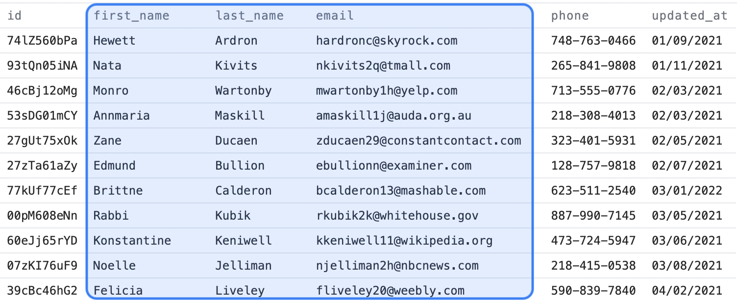 Snippet of example customer data