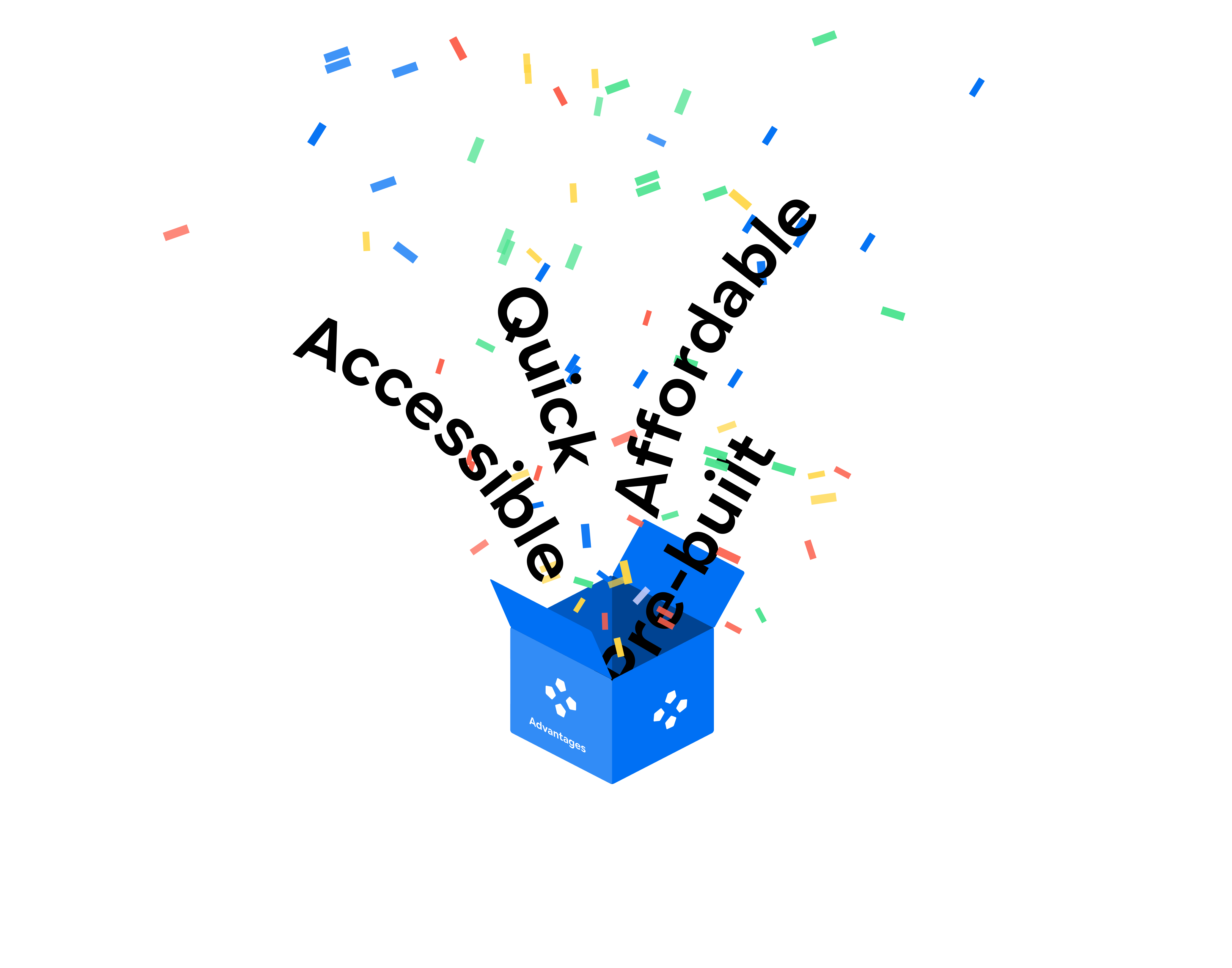 A box with the words accessible, quick, affordable, and pre-built coming out of it with confetti